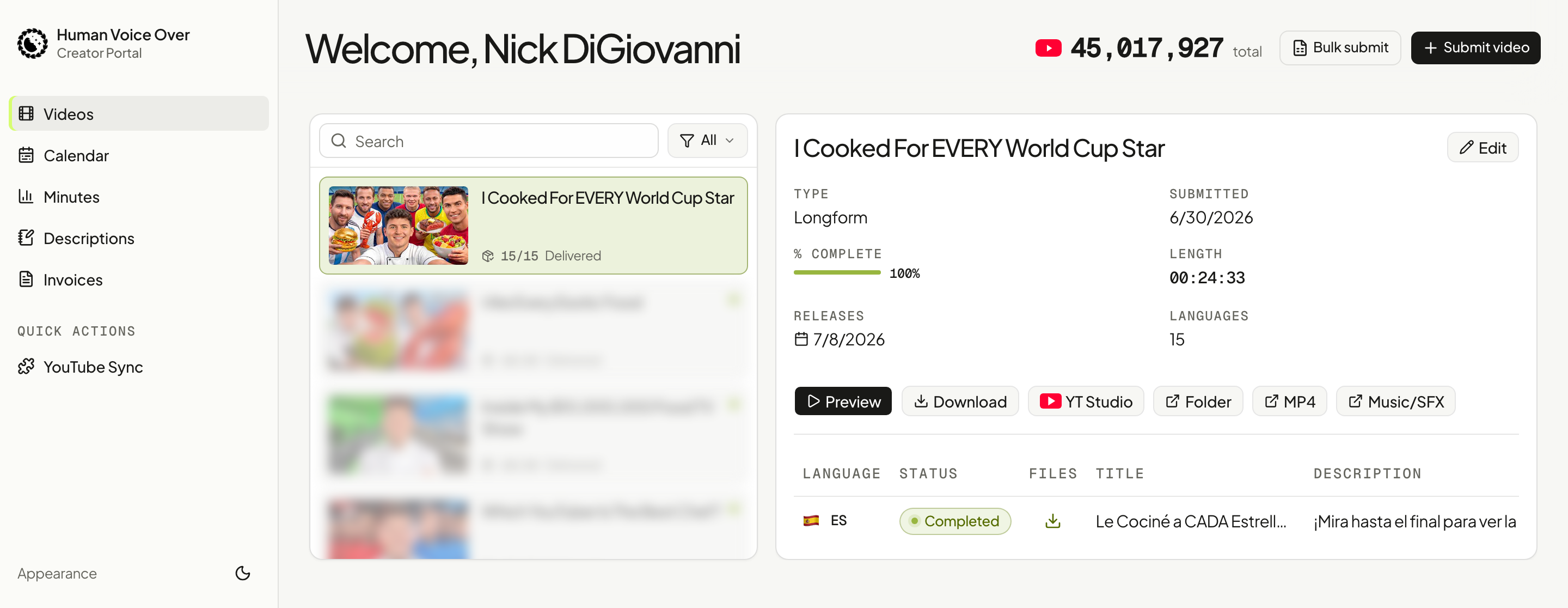 HVO Creator Portal — Nick DiGiovanni's videos with per-language delivery tracking